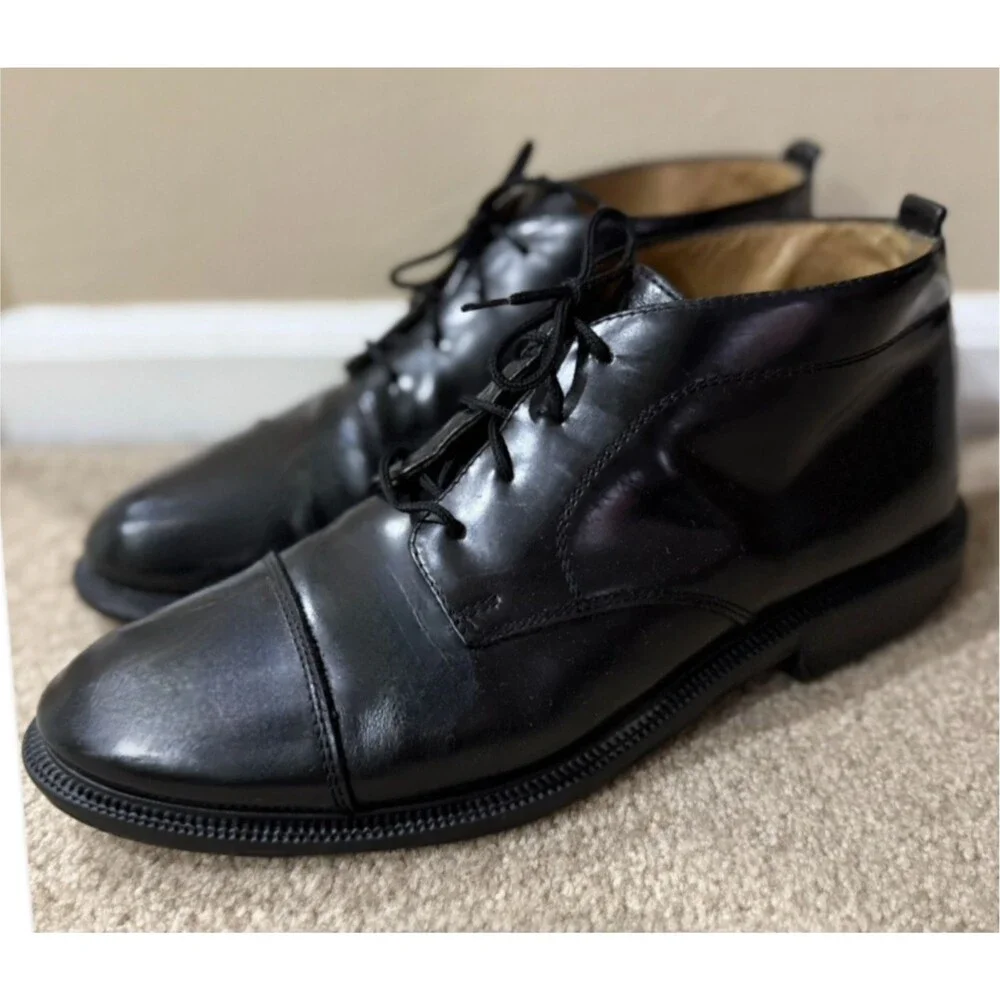 Kenneth Cole Mens 11.5 Black Leather Cap Toe Chukka Boots Lace Up Dress Shoes
